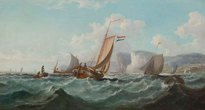 Dutch fishing craft off a rocky coast